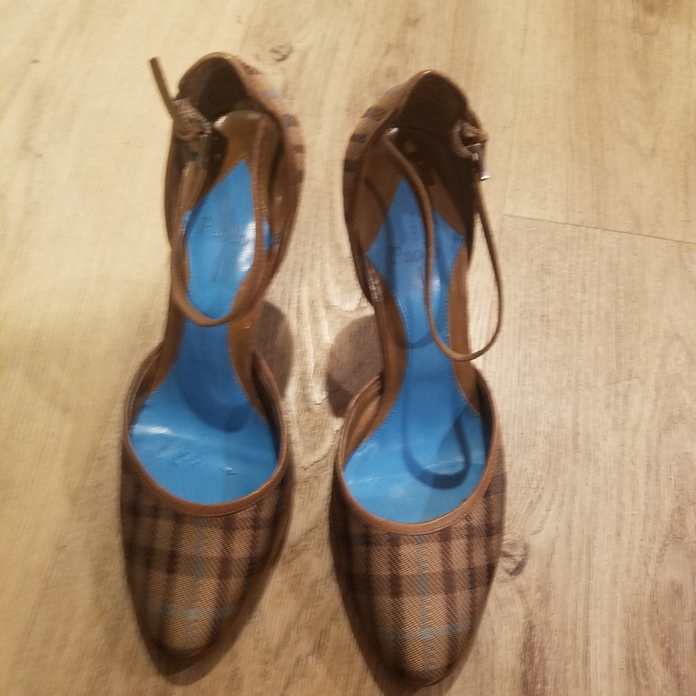 Linea Paolo Brown Plaid Print Heels 6 - Picture 2 of 5